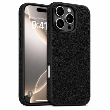 CROWNYX Premium Leather Case for iPhone 16 Pro Max Magnetic Shockproof Cover, Anti-Scratch, Slim Protective Back with Raised Camera Protection (Black)