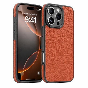 CROWNYX Premium Leather Case for iPhone 16 Pro Max Magnetic Shockproof Cover, Anti-Scratch, Slim Protective Back with Raised Camera Protection (Orange)