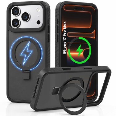 CROWNYX Magnetic Stand Case for iPhone 17 Pro Max, Shockproof Slim Hybrid TPU Cover with Grip &amp; Ring, Matte   Aegis GripStand Pro - Black