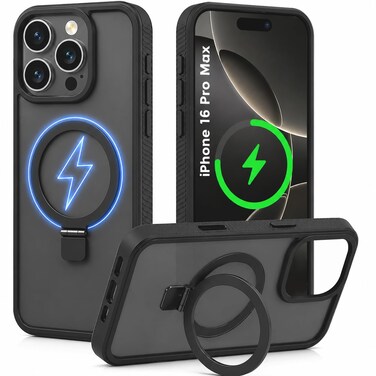 CROWNYX Magnetic Stand Case for iPhone 16 Pro Max, Shockproof Slim Hybrid TPU Cover with Grip &amp; Ring, Matte   Aegis GripStand Pro Case