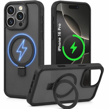 CROWNYX Magnetic Stand Case for iPhone 16 Pro, Shockproof Slim Hybrid TPU Cover with Grip&amp; Ring, Matte   Aegis GripStand Pro Case