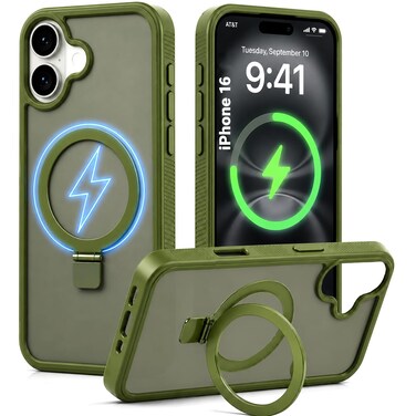 CROWNYX Magnetic Stand Case for iPhone 16, Shockproof Slim Hybrid TPU Cover with Grip &amp; Ring, Matte   Aegis GripStand Pro Case