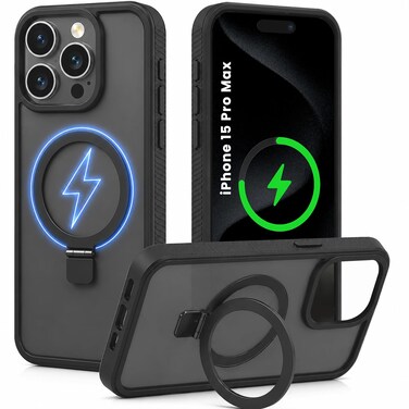 CROWNYX Magnetic Stand Case for iPhone 15 Pro Max, Shockproof Slim Hybrid TPU Cover with Grip &amp; Ring, Matte   Aegis GripStand Pro Case