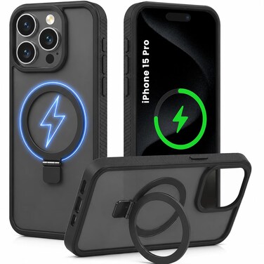 CROWNYX Magnetic Stand Case for iPhone 15 Pro, Shockproof Slim Hybrid TPU Cover with Grip &amp; Ring, Matte   Aegis GripStand Pro Case