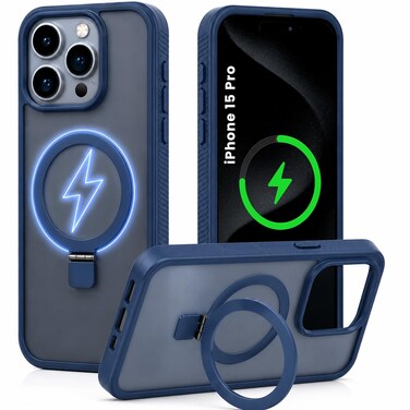 CROWNYX Magnetic Stand Case for iPhone 15 Pro, Shockproof Slim Hybrid TPU Cover with Grip &amp; Ring, Matte   Aegis GripStand Pro Case