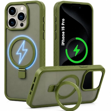 CROWNYX Magnetic Stand Case for iPhone 15 Pro, Shockproof Slim Hybrid TPU Cover with Grip &amp; Ring, Matte   Aegis GripStand Pro Case