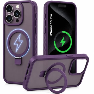 CROWNYX Magnetic Stand Case for iPhone 15 Pro, Shockproof Slim Hybrid TPU Cover with Grip &amp; Ring, Matte   Aegis GripStand Pro Case