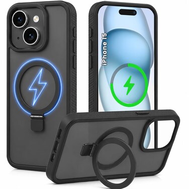 CROWNYX Magnetic Stand Case for iPhone 15, Shockproof Slim Hybrid TPU Cover with Grip &amp; Ring, Matte   Aegis GripStand Pro Case