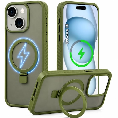 CROWNYX Magnetic Stand Case for iPhone 15, Shockproof Slim Hybrid TPU Cover with Grip &amp; Ring, Matte   Aegis GripStand Pro Case