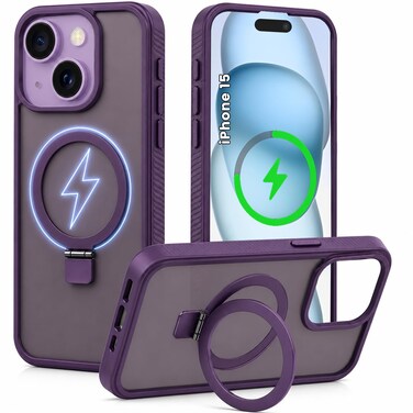CROWNYX Magnetic Stand Case for iPhone 15, Shockproof Slim Hybrid TPU Cover with Grip &amp; Ring, Matte   Aegis GripStand Pro Case