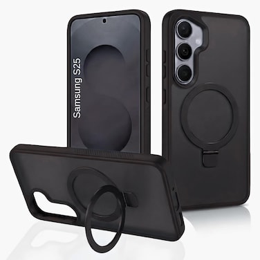 CROWNYX Magnetic Stand Case for Samsung Galaxy S25, Shockproof Slim Hybrid TPU Cover with Grip Ring   Aegis GripStand Pro Case