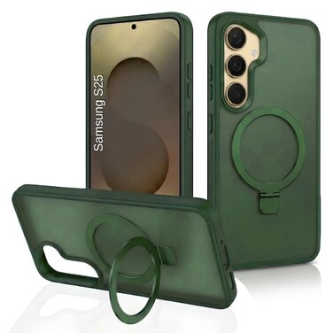 CROWNYX Magnetic Stand Case for Samsung Galaxy S25, Shockproof Slim Hybrid TPU Cover with Grip Ring   Aegis GripStand Pro Case