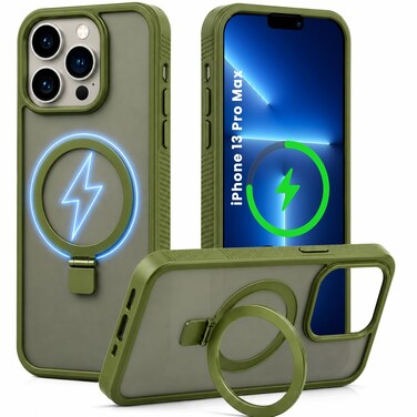 CROWNYX Magnetic Stand Case for iPhone 13 Pro Max, Shockproof Slim Hybrid TPU Cover with Grip &amp; Ring, Matte   Aegis GripStand Pro Case Green