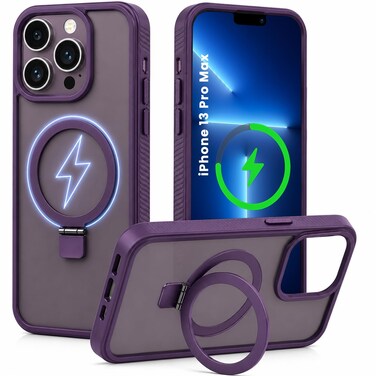 CROWNYX Magnetic Stand Case for iPhone 13 Pro Max, Shockproof Slim Hybrid TPU Cover with Grip &amp; Ring, Matte   Aegis GripStand Pro Case Purple