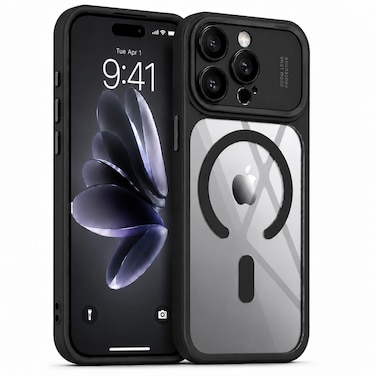 CROWNYX Magnetic Clear Convertible Case for iPhone 15 Pro Max   Matte TPU Bumper with Frosted Transparent PC Back   Camera Lens Protection   Shockproof Slim Cover  Wireless Charging Compatible (Black)