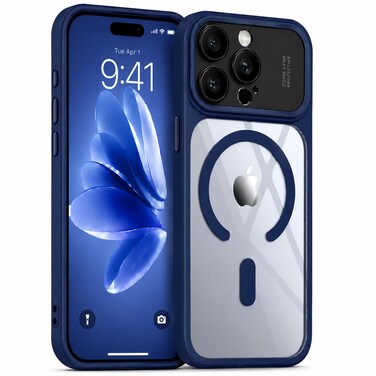 CROWNYX Magnetic Clear Back Case for iPhone 15 Pro Max   Matte TPU Bumper with Frosted Transparent PC Back   Camera Lens Protection   Shockproof Slim Cover   Wireless Charging Compatible (Dark Blue)