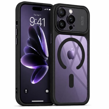 CROWNYX Magnetic Clear Convertible Case for iPhone 14 Pro Max   Matte TPU Bumper with Frosted Transparent PC Back  Camera Lens Protection   Shockproof Slim Cover   Wireless Charging Compatible (Black)