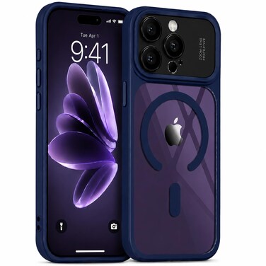 CROWNYX Magnetic Clear Convertible Case for iPhone 14 Pro Max  Matte TPU Bumper with Frosted Transparent PC Back Camera Lens Protection  Shockproof Slim Cover  Wireless Charging Compatible - Dark Blue