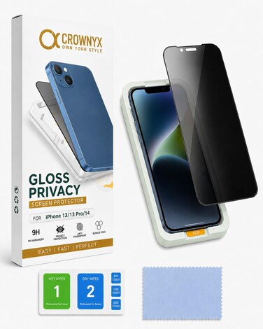 CROWNYX Privacy Screen Protector for iPhone 13/13 Pro/14 with Easy Installation Kit, 9H Tempered Glass, Anti-Spy, Dust-Free Installation, Anti-Fingerprint, Shatterproof, Scratch Resistant, Bubble-Free