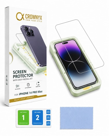CROWNYX Screen Protector for iPhone 14 Pro Max with Easy Installation Tray, 9H Tempered Glass, Bubble-Free, Dust-Free Alignment, HD Clear, Anti-Fingerprint, Scratch Resistant, Case Friendly