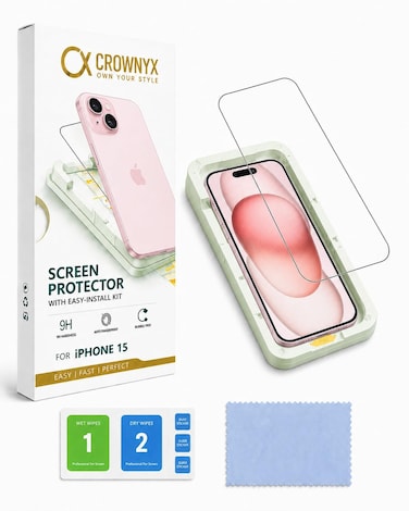 CROWNYX Screen Protector for iPhone 15 with Easy Installation Tray, 9H Tempered Glass, Bubble-Free, Dust-Free Alignment, HD Clear, Anti-Fingerprint, Scratch Resistant, Case Friendly