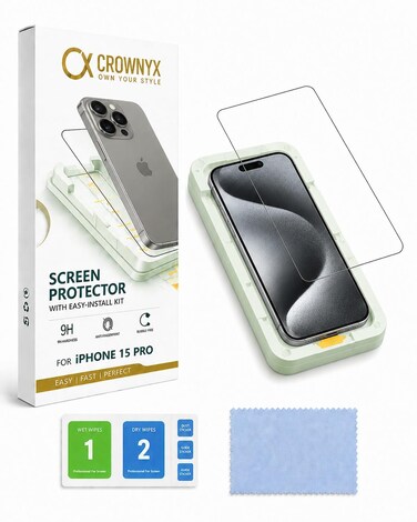 CROWNYX Screen Protector for iPhone 15 Pro with Easy Installation Tray, 9H Tempered Glass, Bubble-Free, Dust-Free Alignment, HD Clear, Anti-Fingerprint, Scratch Resistant, Case Friendly