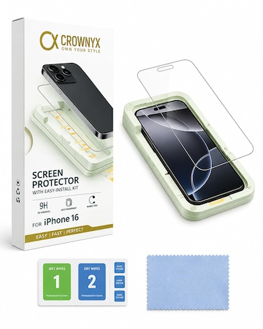 CROWNYX Screen Protector for iPhone 16 with Easy Installation Tray, 9H Tempered Glass, Bubble-Free, Dust-Free Alignment, HD Clear, Anti-Fingerprint, Scratch Resistant, Case Friendly