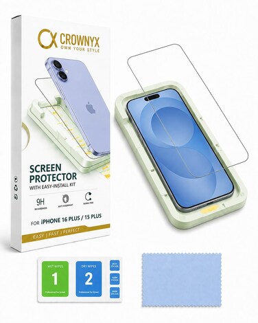 CROWNYX Screen Protector for iPhone 16 Plus / 15 Plus with Easy Installation Tray, 9H Tempered Glass, Bubble-Free, Dust-Free Alignment, HD Clear, Anti-Fingerprint, Scratch Resistant, Case Friendly