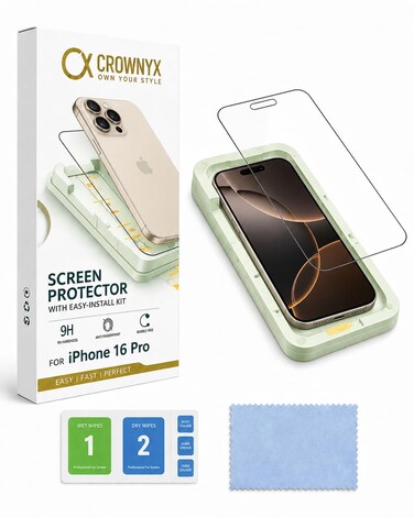 CROWNYX Screen Protector for iPhone 16 Pro with Easy Installation Tray, 9H Tempered Glass, Bubble-Free, Dust-Free Alignment, HD Clear, Anti-Fingerprint, Scratch Resistant, Case Friendly