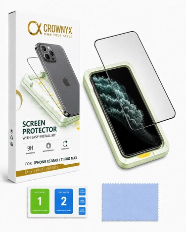 CROWNYX Screen Protector for iPhone XS Max / 11 Pro Max with Easy Installation Tray, 9H Tempered Glass, Bubble-Free, Dust-Free Alignment, HD Clear, Anti-Fingerprint, Scratch Resistant, Case Friendly