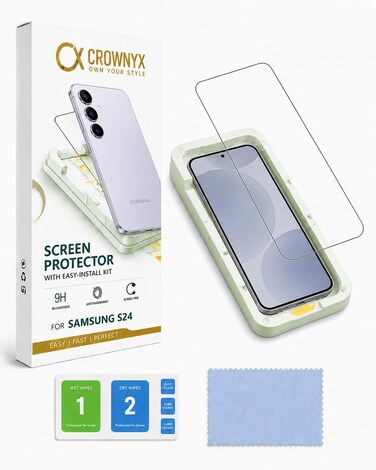 CROWNYX Screen Protector for Samsung S24 with Easy Installation Tray, 9H Tempered Glass, Bubble-Free, Dust-Free Alignment, HD Clear, Anti-Fingerprint, Scratch Resistant, Case Friendly