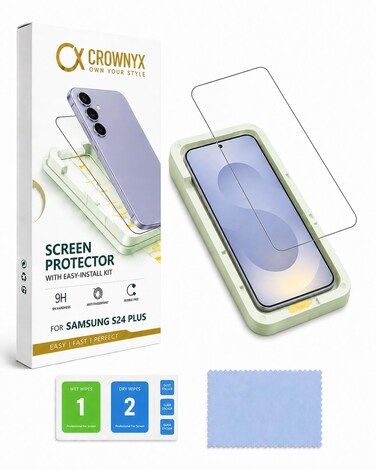 CROWNYX Screen Protector for Samsung S24 Plus with Easy Installation Tray, 9H Tempered Glass, Bubble-Free, Dust-Free Alignment, HD Clear, Anti-Fingerprint, Scratch Resistant, Case Friendly