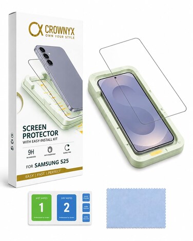 CROWNYX Screen Protector for Samsung S25 with Easy Installation Tray, 9H Tempered Glass, Bubble-Free, Dust-Free Alignment, HD Clear, Anti-Fingerprint, Scratch Resistant, Case Friendly