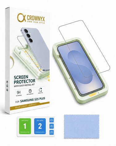 CROWNYX Screen Protector for Samsung S25 Plus with Easy Installation Tray, 9H Tempered Glass, Bubble-Free, Dust-Free Alignment, HD Clear, Anti-Fingerprint, Scratch Resistant, Case Friendly