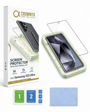 CROWNYX Screen Protector for Samsung S25 Ultra with Easy Installation Tray, 9H Tempered Glass, Bubble-Free, Dust-Free Alignment, HD Clear, Anti-Fingerprint, Scratch Resistant, Case Friendly