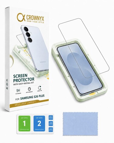 CROWNYX Screen Protector for Samsung S26 Plus with Easy Installation Tray, 9H Tempered Glass, Bubble-Free, Dust-Free Alignment, HD Clear, Anti-Fingerprint, Scratch Resistant, Case Friendly