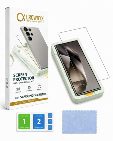 CROWNYX Screen Protector for Samsung S26 Ultra with Easy Installation Tray, 9H Tempered Glass, Bubble-Free, Dust-Free Alignment, HD Clear, Anti-Fingerprint, Scratch Resistant, Case Friendly