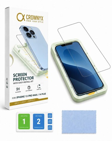 CROWNYX Screen Protector for iPhone 13 Pro Max / 14 Plus with Easy Installation Tray, 9H Tempered Glass, Bubble-Free, Dust-Free Alignment, HD Clear, Anti-Fingerprint, Scratch Resistant, Case Friendly
