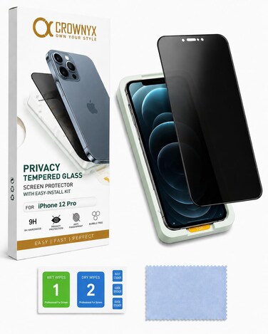 CROWNYX Privacy Screen Protector for iPhone 12/12 Pro with Easy Installation Kit, 9H Tempered Glass, Anti-Spy, Dust-Free Installation, Anti-Fingerprint, Shatterproof, Scratch Resistant, Bubble-Free