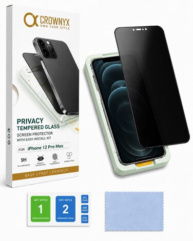 CROWNYX Privacy Screen Protector for iPhone 12 Pro Max with Easy Installation Kit, 9H Tempered Glass, Anti-Spy, Dust-Free Installation, Anti-Fingerprint, Shatterproof, Scratch Resistant, Bubble-Free