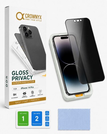 CROWNYX Privacy Screen Protector for iPhone 14 Pro with Easy Installation Kit, 9H Tempered Glass, Anti-Spy, Dust-Free Installation, Anti-Fingerprint, Shatterproof, Scratch Resistant, Bubble-Free