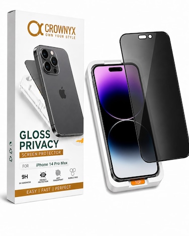 CROWNYX Privacy Screen Protector for iPhone 14 Pro Max with Easy Installation Kit, 9H Tempered Glass, Anti-Spy, Dust-Free Installation, Anti-Fingerprint, Shatterproof, Scratch Resistant, Bubble-Free