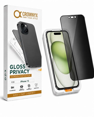 CROWNYX Privacy Screen Protector for iPhone 15 with Easy Installation Kit, 9H Tempered Glass, Anti-Spy, Dust-Free Installation, Anti-Fingerprint, Shatterproof, Scratch Resistant, Bubble-Free