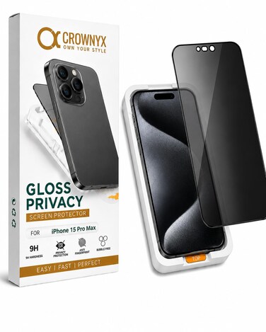 CROWNYX Privacy Screen Protector for iPhone 15 Pro Max with Easy Installation Kit, 9H Tempered Glass, Anti-Spy, Dust-Free Installation, Anti-Fingerprint, Shatterproof, Scratch Resistant, Bubble-Free