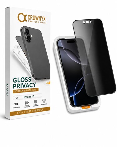 CROWNYX Privacy Screen Protector for iPhone 16 with Easy Installation Kit, 9H Tempered Glass, Anti-Spy, Dust-Free Installation, Anti-Fingerprint, Shatterproof, Scratch Resistant, Bubble-Free