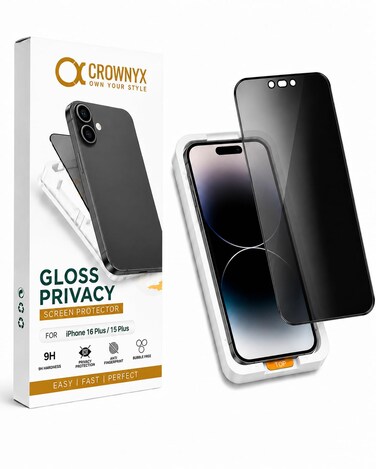 CROWNYX Privacy Screen Protector for iPhone 16 Plus/15 Plus with Easy Installation Kit, 9H Tempered Glass, Anti-Spy,Dust-Free Installation, Anti-Fingerprint, Shatterproof,Scratch Resistant,Bubble-Free