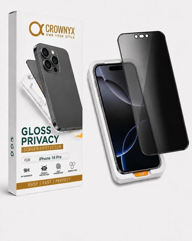 CROWNYX Privacy Screen Protector for iPhone 16 Pro with Easy Installation Kit, 9H Tempered Glass, Anti-Spy, Dust-Free Installation, Anti-Fingerprint, Shatterproof, Scratch Resistant, Bubble-Free