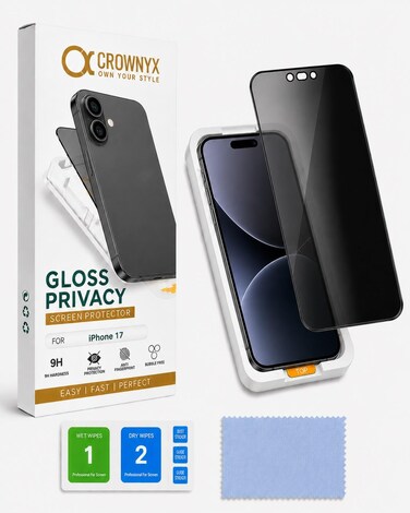 CROWNYX Privacy Screen Protector for iPhone 17 with Easy Installation Kit, 9H Tempered Glass, Anti-Spy, Dust-Free Installation, Anti-Fingerprint, Shatterproof, Scratch Resistant, Bubble-Free