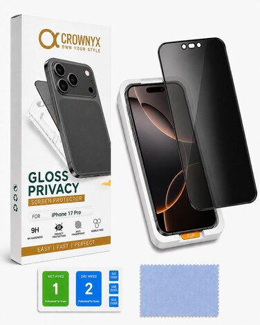 CROWNYX Privacy Screen Protector for iPhone 17 Pro with Easy Installation Kit, 9H Tempered Glass, Anti-Spy, Dust-Free Installation, Anti-Fingerprint, Shatterproof, Scratch Resistant, Bubble-Free