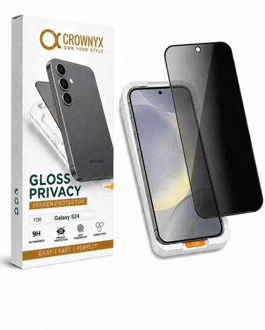 CROWNYX Privacy Screen Protector for Samsung S24 with Easy Installation Kit, 9HTempered Glass, Anti-Spy, Dust-Free Installation,Anti-Fingerprint,Shatterproof,Scratch Resistant,Bubble-Free